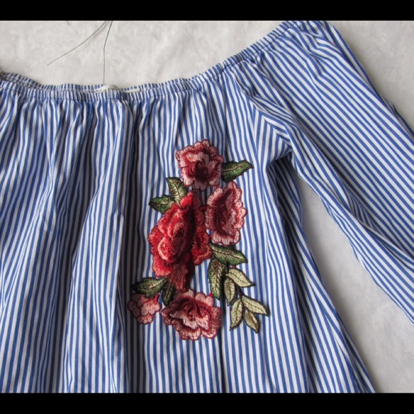 Off Shoulder Embroidered Striped Top. - Picture 4 of 8
